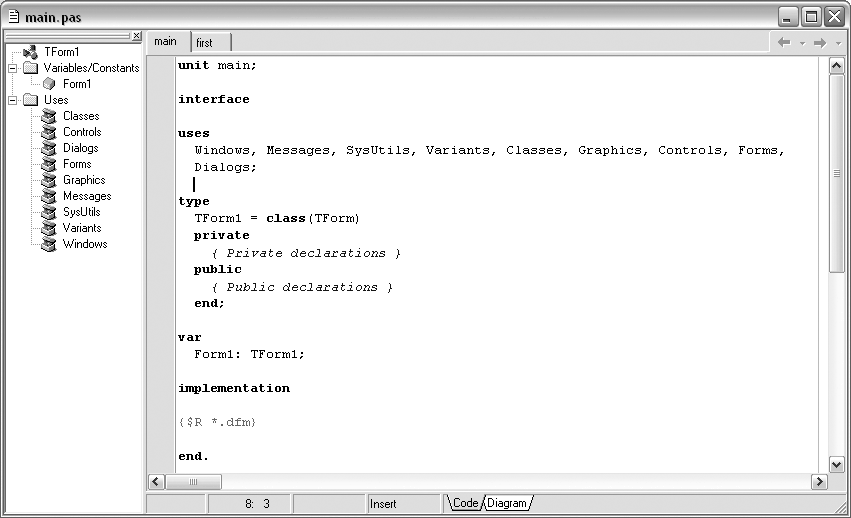 Окно редактора кода с проводником и загруженным файлом новой формы