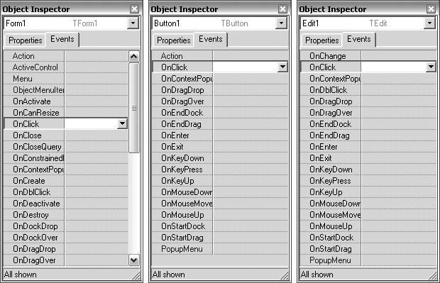 Инспектор объекта со списком событий для формы, кнопки и текстового поля